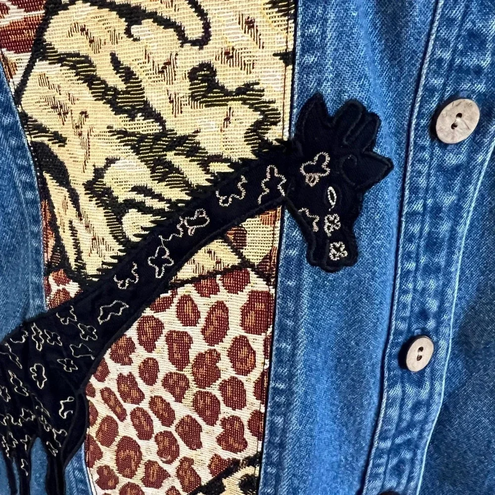Vintage TanTrums Blue Cotton Denim Patchwork Animal Print Safari Jacket Medium
